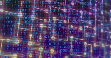 İkili kod ve parlayan düğümlerle, koyu mor arkaplanda görünen dijital ağ akışı. Teknoloji, veri, siber güvenlik, yenilik, görselleştirme, fütüristik, bağlantı