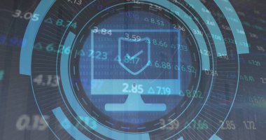 Siber UI 'de kalkan işaretli ve sayısal verilerle HUD halkaları yayan monitör simgesi gösteriliyor. Teknoloji, siber güvenlik, veri görselleştirme, dijital arayüz, ağ güvenliği, fütürist, veri analizi