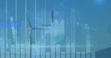 Rüzgâr türbini, şehrin ufuk çizgisine tepeden bakan mavi finansal verileri yansıtıyor. Yenilenebilir, sürdürülebilirlik, teknoloji, altyapı, finans, analiz, yenilik