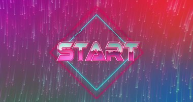 Parlak neon START logosu neon arayüzde titreşiyor, piksel çizgiler ve katmanlı elmas çizgiler var. Fütürist, siber punk, dijital, soyut, parlak, canlı, teknoloji