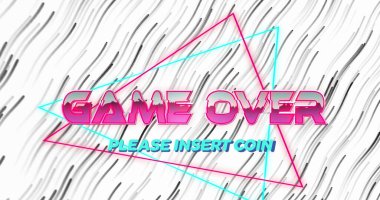 Pembe oyun bitti ve cyan lütfen neon üçgenli INSERT COIN gösteriliyor. Neon, retro, digital, vintage, graphic, enerjik, pop art