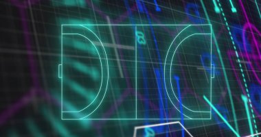 Neon turkuaz basketbol sahası ara yüzün yarısı, çizelgeler ve çizelgeler sergileniyor. Fütürist, dijital, analitik, teknoloji, sanal, yenilik, gösterge paneli
