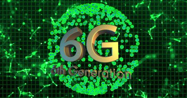Karanlık ızgarada, neon yeşil çizgiler, ağ simgeleri ve parçacıkları içeren altmış altı Gen altyazı gösteriliyor. Gelecek, teknoloji, bağlantı, dijital, yenilik, siber, sanal