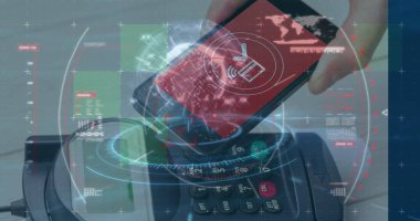 Çıkış noktasında dijital ödeme ikonlarıyla birlikte akıllı telefonu POS terminalinde sunuyorum. Bağlantısız, dijital işlem, kablosuz teknoloji, fintech, futuristik, ticaret, mobil ödeme