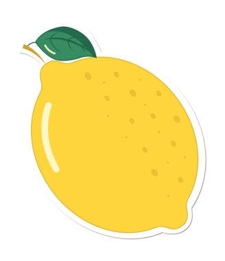 Düz dizayn yeşil yapraklı parlak sarı limon ve şeffaf arkaplanda beyaz çizgiler gösteriyor. Citrus, meyve, illüstrasyon, renkli, taze, sağlıklı, minimalist