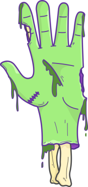 Düz kesik el, yeşil sümük damlıyor, dikişler ve yırtık, sallanan bacaklar, şeffaf arka plan. Dehşet, ürpertici, gerçeküstü, ürkütücü, karikatür, ürkütücü, acayip