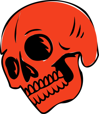 Biçimlendirilmiş kırmızı kafatası, siyah çizgiler ve kıvrımlı çizgiler ile net bir arkaplan çiziyor. Vektör sanatı, grafik tasarımı, korku, fantezi, karanlık sanat, ürpertici, ürkütücü