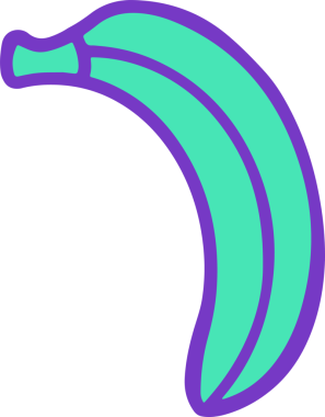 Vektör sanatında yüzen muzlu karikatür, şeffaf arkaplanda deniz mavisi dolgusu ve mor çizgileri gösteriyor. Vektör sanatı, minimalist tasarım, dijital illüstrasyon, grafik tasarımı, modern tarz, şakacı, soyut