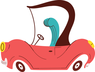 Düz sanat, şeffaf bg üzerinde turkuaz yüzgeç tekerlekleri olan üstü açık kırmızı bir arabanın yuvarlandığını gösteriyor. Oyuncu, kaprisli, canlı, stilize, otomotiv, karikatür, illüstrasyon