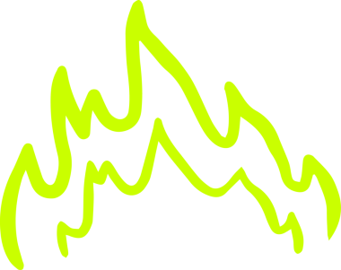 Düz dizayndaki neon yeşil alev şekli şeffaf arkaplanda sivri tepeler ile parlıyor. Dijital sanat, ikon, grafik, soyut, modern, canlı, enerji