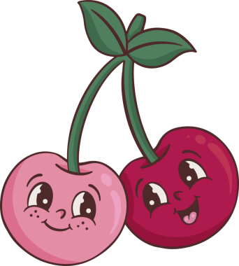 Çizgi filmlerdeki kirazlar parlak gözleri, dili, yeşil sapları, şeffaf arkaplanda yaprakları gösteriyor. Meyve, illüstrasyon, kawaii, karakter, oyuncu, renkli, tasarım