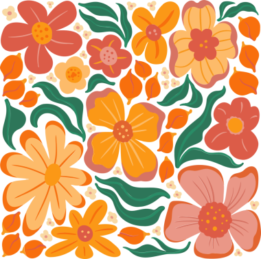 Düz vektör, şeftalili turuncu şeftali çiçeklerini ve şeffaf arkaplanda yeşil yaprakları gösteriyor. Botanik, doğa, organik, dekoratif, minimalist, desen, tekstil