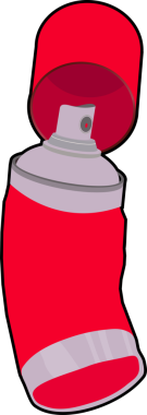 Kırmızı sprey sprey kutusu şeffaf arka planda yüzüyor ve kapağı metalik uçlarda asılı duruyor. Sanat malzemeleri, sprey boya, aerosol kabı, grafiti, endüstriyel tasarım, yaratıcı araçlar, maket