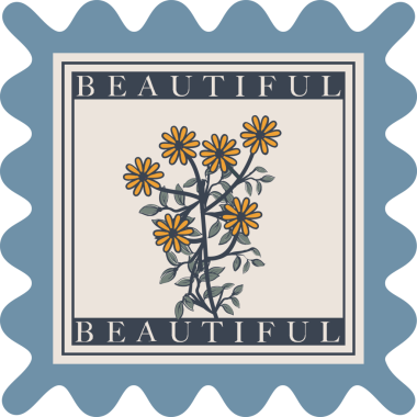 Sarı papatya çiçeklerini ve şeffaf arkaplan üzerinde BeaUTIFUL metnini gösteren düz vektör etiketli. Çiçeksel, botanik, dekoratif, minimalist, zarif, doğa, markalaşma