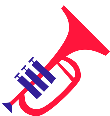 Kırmızı trompet şeffaf arka planda yüzüyor. Düz dizayn, koyu mavi valfler ve ağızlık. Müzik aleti, pirinç, rüzgar enstrümanı, canlı, minimalist, eğlence, sanat eseri