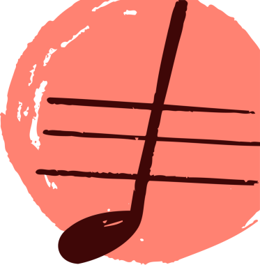 Düz çeyrek nota mercan boya çemberindeki personel çizgilerini aşmak, şeffaf arka plan, kopyalama alanı. Sanatsal, müzikal, grafik, soyut, canlı, dokulu, modern