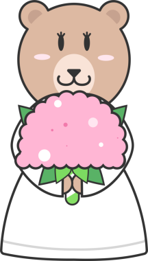 Çizgi film ayısı, şeffaf arka planda düz vektör dizaynlı tüylü pembe çiçek buketi tutuyor. Şirin, maskot, neşeli, minimalist, doğa, bahar, kutlama