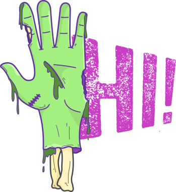 Çizgi filmdeki kesik el mor HI 'nin dikişli kemiğiyle yapışkan madde sızdırıyor! Şeffaf arkaplan üzerine metin. Ürkütücü, korku, çizgi film, grotesk, karanlık, grafik, illüstrasyon