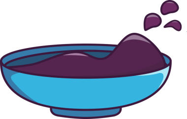 Düz vektör tasarımı mavi kaseyi gösteriyor. Dalgalı mor püre ve damlacıklar, şeffaf arkaplan. Minimalist, enerjik, soyut, yiyecek, aşçılık, modern, dijital sanat