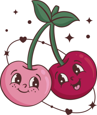 Yörüngedeki kalpleri, yıldızları, noktaları ve şeffaf arkaplanı olan düz çizgi filmde iki kiraz gülümsüyor. Meyve, kawaii, illüstrasyon, maskot, oyuncu, kaprisli, neşeli