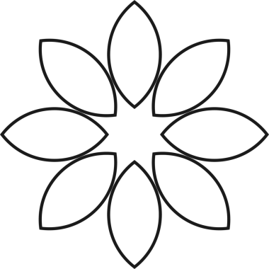 Soyut sekiz yapraklı şekil, şeffaf arkaplan üzerine siyah çizgili radyal halka oluşturuyor. Minimalist, logo, model, modern, simetri, tasarım, markalaşma