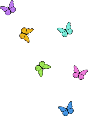 Çizgi film tarzı kelebek tasarımları şeffaf arka planda süzülüyor, yedi canlı renk gösteriyor. Dekoratif böcekler, canlı palet, kaprisli sanat eseri, grafik tasarımı, dijital illüstrasyon, renkli motifler, doğadan esinlenilmiş