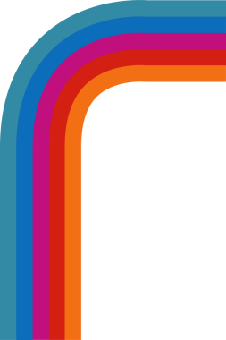 Abstract flat art showing five stripes making right-angle arc on transparent background, copy space. Geometric, modern, vibrant, minimalism, design, digital, craftsmanship