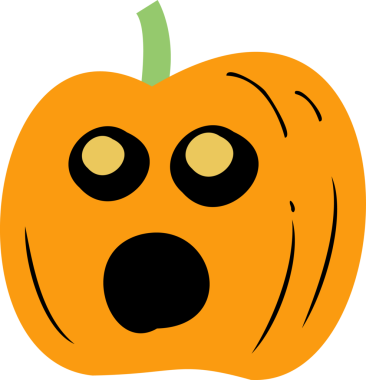 Düz balkabağı, saydam arka planda yeşil gövde, gözler ve oval ağızla şok olmuş görünüyor. Şenlikli, mevsimlik, neşeli, çizgi film, canlı, anlamlı, tatil