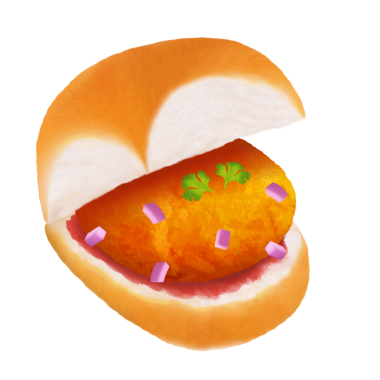 Düz dizayn Vada Pav şeffaf bg üzerinde süzülüyor. Ekmek, köfte, turşu, soğan kişniş gösteriyor. Atıştırmalık, fast food, sokak yemeği, mimalist, canlı, gündelik, aşçılık