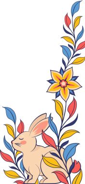 Donanma gövdelerinin arasında yuva yapan vektör tavşan şeffaf arkaplanda renkli yapraklar gösteriyor ve çiçek açıyor. Mizah, doğa, sükunet, dekoratif, illüstrasyon, botanik, huzur