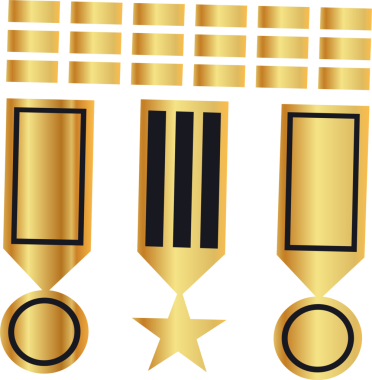 Dairesel ve yıldız madalyonlu altın kurdeleler şeffaf tuval üzerinde düz vektör olarak gösteriliyor. Prestij, övgü, başarı, takdir, onur, kutlama, merasim