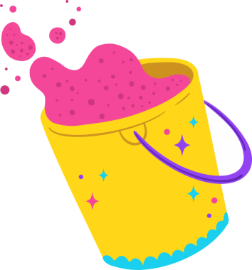 Sarı kova pembe boya dökülüyor, mor saplı, mavi damlalar, ışıltılar, şeffaf BG, kopyalama alanı. Canlı, oyuncu, sanatsal, kaprisli, renkli, dinamik, yaratıcı