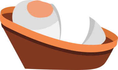 Düz tasarım, şeffaf arka planda iki çörek ve turuncu noktalı turuncu çerçeveli sepet gösteriyor. Vektör illüstrasyonu, fırın, minimalizm, gıda tasarımı, ambalaj, aşçılık, atıştırmalık