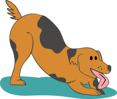 Düz dizaynlı, şeffaf arkaplanda, deniz mavisi zeminde şakacı bir şekilde eğilen orta cins çizgi film köpeği. Hayvan, karakter, düz tasarım, oyuncu, neşeli, çizgi film, evcil hayvan