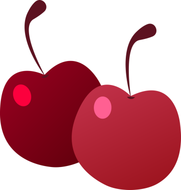 Bir çift kiraz düz dizaynda görünüyor, gövde ve röfleleri gösteriyor, şeffaf bir arkaplan. Meyve, üretim, vektör, illüstrasyon, taze, doğal, minimalist