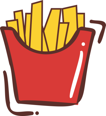 Çizgi film kızartma kabı, saydam arkaplanda koyu kenarlı altın sarısı patates kızartması gösteriyor. Atıştırmalık, fast food, çizgi film, minimalist, illüstrasyon, gündelik, canlı