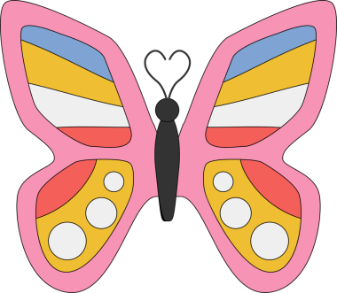 Düz tasarım kelebek, saydam arka planda pembe kenarlı ve çok renkli kanatlarla yüzüyor. Doğa, güzellik, zarafet, simetri, kaprisli, narin, enerjik.