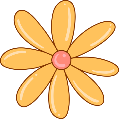 Düz çizgi film çiçekleri şeffaf arka planda parlak sarı taç yapraklarıyla, pembe merkezde beliriyor. Botanik, çiçek, çizim, canlı, dekoratif, doğa, organik