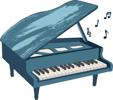 Düz tasarım mavi kuyruklu piyanoyu fırça darbesi kapağı ile gösteriyor, şeffaf arkaplan üzerinde yükselen notalar. Klasik, müzik, enstrüman, zarif, sanatsal, melodik, akustik