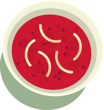 Erişteli bir kase kırmızı çorba koyu yeşil paspasın üzerinde duruyor, düz dizayn, şeffaf arkaplan. Mutfak, aşçılık, minimalist, dijital sanat, besin tasviri, bulaşık takımı, sağlıklı