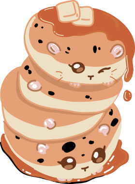 Çizgi film suratlı krep yığını şeffaf arkaplanda tereyağı parçalarını gösteren şurup damlatıyor. Kahvaltı, yemek, illüstrasyon, tatlı, karakter, kawaii, oyuncu