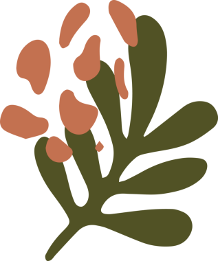 Saydam tuval üzerinde terakotta kabarcıkları bulunan düz, soyut zeytin-yeşili dallar yapmak. Modern, minimalist, vektör, tasarım, markalaşma, dekor, doğal