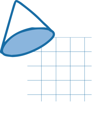 3D vektör koni şekli şeffaf arkaplanda mavi ızgara üzerinde çapraz olarak yüzüyor. Geometrik, minimalist, soyut, modern, dijital, görsel, tasarım
