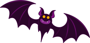 Mor çizgili kanatları ve şeffaf arka planı olan düz dizayn edilmiş yarasa yaratık uçuyor. Fantezi, yaratık, karakter, maskot, kaprisli, oyuncu, karanlık