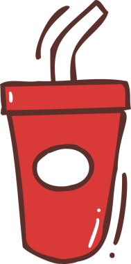 Kırmızı kapaklı ve samanlı kırmızı bardak, şeffaf arkaplanlı çizgi film tarzında gösteriliyor. İllüstrasyon, markalaşma, ambalaj, neşeli, modern içecek, tasarım