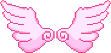 Piksel sanat kanatları, şeffaf arkaplanda spiral bazlı pastel pembe detaylar gösteriyor. Fantezi, dijital sanat, pastel, canlı, tuhaf, ikonografi, oyun