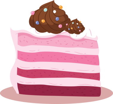 Pembe katmanlı kek dilimi 2D 'de yüzüyor. Şeffaf arka planda çikolata kıvrımları ve serpiştirmeler var. Tatlı, şekerleme, pasta, kutlama, tatlı, hoşgörü, zarafet