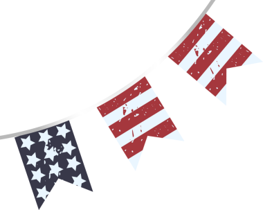 Amerikan bayrak temalı flamalar eğri kordona şeffaf arka planda asılı. Vatansever, kutlama, şenlik, amerikan, klasik, dekor, açık hava