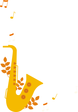 Düz vektör saksafon, portakal yaprakları ve notalarla şeffaf bir fon üzerinde yüzüyor. Müzikal, sanatsal, canlı, dekoratif, kutlama, caz, ritim