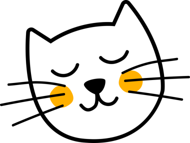 Düz kedi kafası, kapalı gözler, bıyıklar ve sarı yanaklar. Çizgi sanatı, minimalizm, illüstrasyon, karakter tasarımı, dijital sanat eseri, kawaii, monokrom